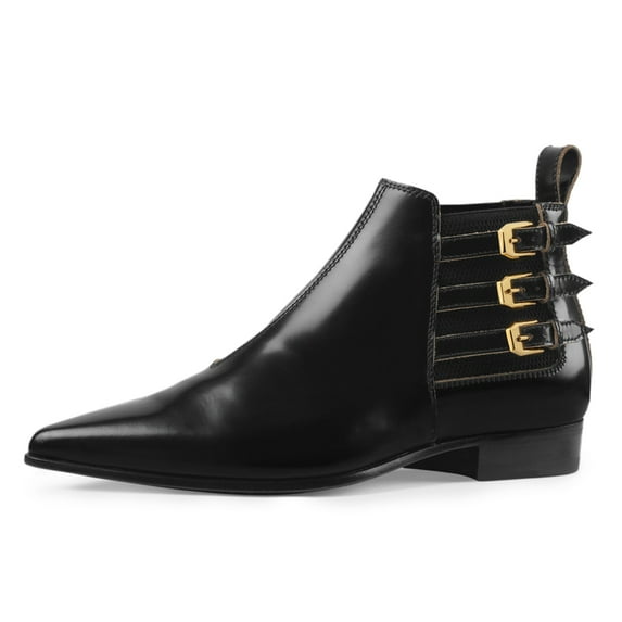 YDN Women Triple Straps Buckle Pointed Toe Flats Ankle Boots Elastic Pull On Low Heel Booties Formal Work Daily Shoes Size 5.5 Black