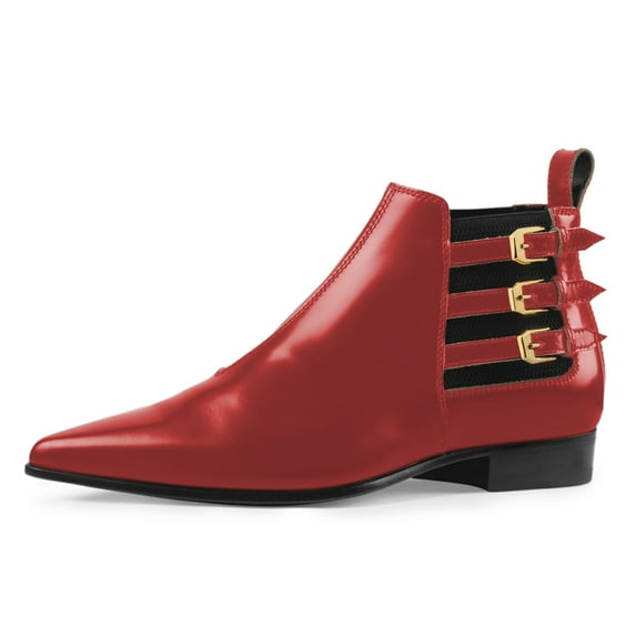 YDN Women Triple Straps Buckle Pointed Toe Flats Ankle Boots Elastic Pull On Low Heel Booties Formal Work Daily Shoes Size 7.5 Red