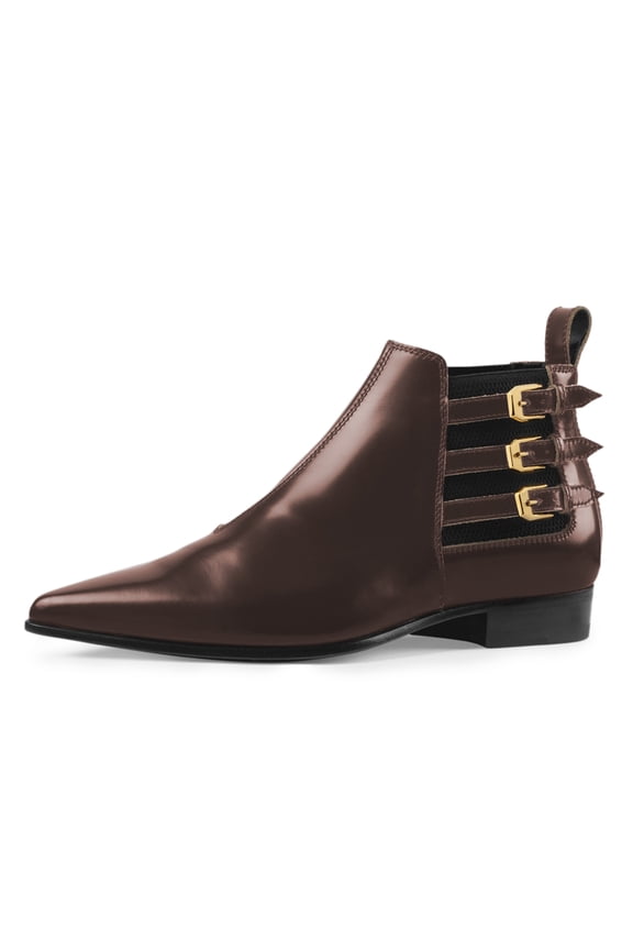 Women Triple Straps Buckle Pointed Toe Flats Ankle Boots Elastic Pull On Low Heel Booties Formal Work Daily Shoes Size 7 Brown