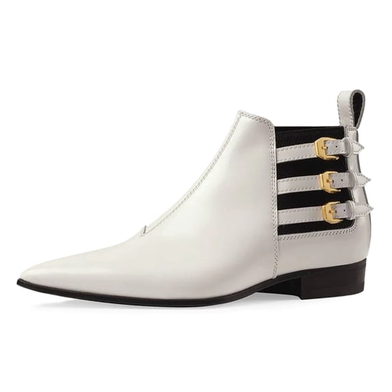 YDN Women Triple Straps Buckle Pointed Toe Flats Ankle Boots Elastic Pull On Low Heel Booties Formal Work Daily Shoes Size 7 White