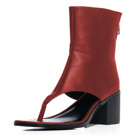 YDN Women Unique Round Open Toe Flip Flop Ankle Sandals Block Mid Heel Back Zippers Boots Dressy Shopping Work Shoes Size 10.5 Red