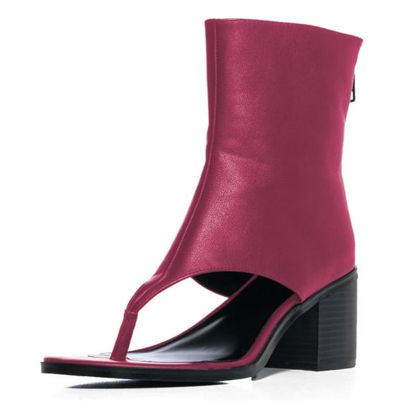 YDN Women Unique Round Open Toe Flip Flop Ankle Sandals Block Mid Heel Back Zippers Boots Dressy Shopping Work Shoes Size 12 Fuchsia