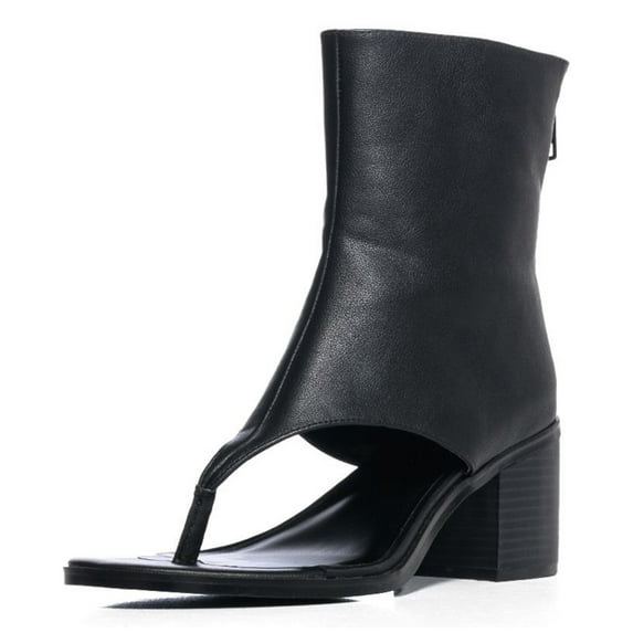 YDN Women Unique Round Open Toe Flip Flop Ankle Sandals Block Mid Heel Back Zippers Boots Dressy Shopping Work Shoes Size 13 Black