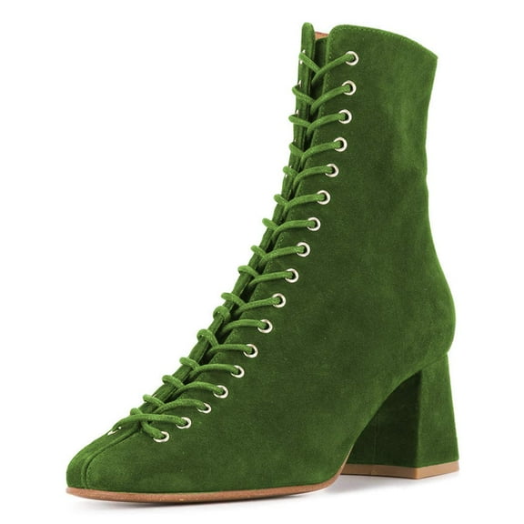 YDN Women Western Block Mid Heel Lace Up Short Boots Closed Toe Ankle Booties Side Zipper Office Shoes Size 7 Green