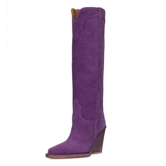 YDN Women Western Cowboy Pointed Closed Toe Boots Chunky Block High Heels Pull On Wide Calf Knee High Boots Shoes Size 8.5 Purple