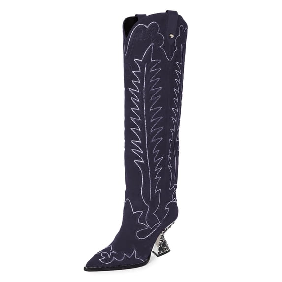 YDN Women Western Crystal Studs High Heel Cowboy Boots Pull On Pointy Close Toe Knee High Boots Holiday Trip Shoes Size 16 Purple
