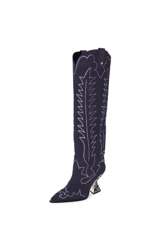 Women Western Crystal Studs High Heel Cowboy Boots Pull On Pointy Close Toe Knee High Boots Holiday Trip Shoes Size 16 Purple