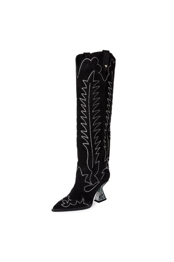Women Western Crystal Studs High Heel Cowboy Boots Pull On Pointy Close Toe Knee High Boots Holiday Trip Shoes Size 9 Black