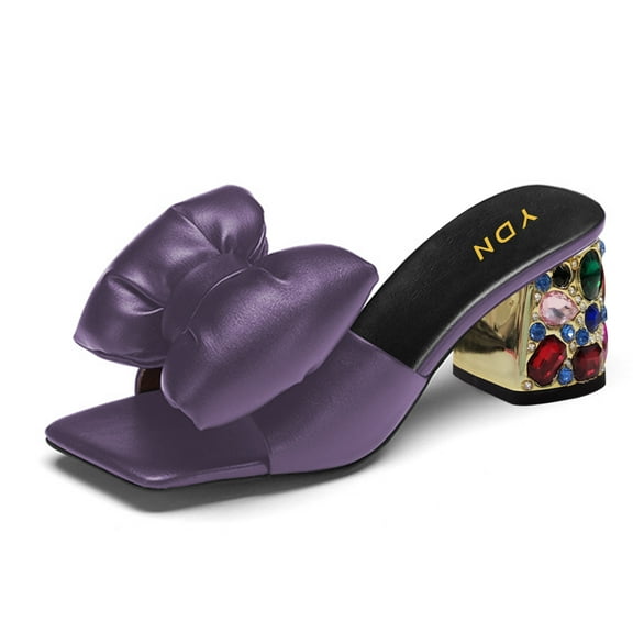 YDN Women's Bows Open Toe Slides Sandals Rhinestone Block Low Heeled Slip On Mules Casual Shopping Shoes Size 6.5 Dark Purple