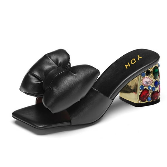 YDN Women's Bows Open Toe Slides Sandals Rhinestone Block Low Heeled Slip On Mules Casual Shopping Shoes Size 7 Black