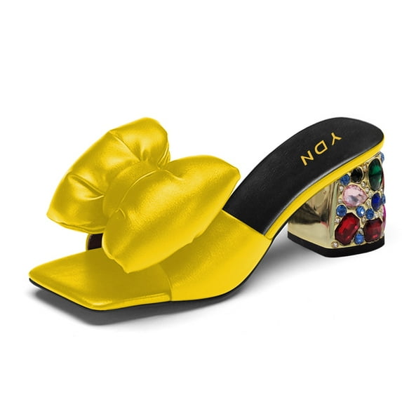 YDN Women's Bows Open Toe Slides Sandals Rhinestone Block Low Heeled Slip On Mules Casual Shopping Shoes Size 9.5 Yellow