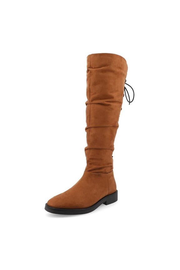 Women's Chunky Low Heel Lace Up Knee High Boots Side Zipper Round Closed Toe Flat Long Booties Daily Walking Casual Shoes Size 15 Brown