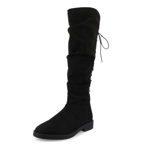 YDN Women's Chunky Low Heel Lace Up Knee High Boots Side Zipper Round Closed Toe Flat Long Booties Daily Walking Casual Shoes Size 9 Black