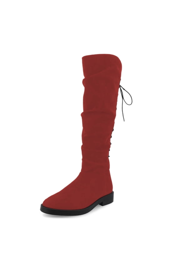 Women's Chunky Low Heel Lace Up Knee High Boots Side Zipper Round Closed Toe Flat Long Booties Daily Walking Casual Shoes Size 9 Red