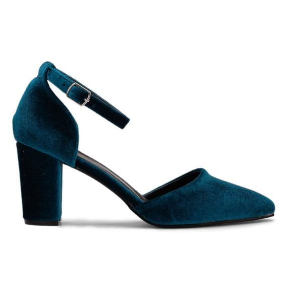 YDN Women's Closed Pointed Toe Pumps Strap Buckle Block High Heel D'Orsay Shoes Fancy Ballroom Outfit Size 6.5 Blue