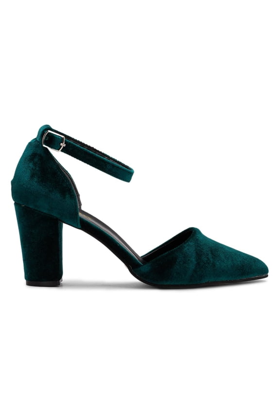Women's Closed Pointed Toe Pumps Strap Buckle Block High Heel D'Orsay Shoes Fancy Ballroom Outfit Size 7 Dark Green
