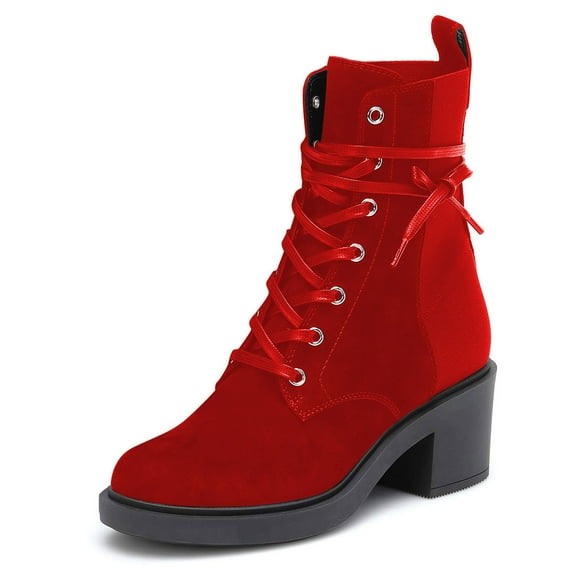 YDN Women's Closed Round Toe Lace Up Combat Booties Chunky Block Low Heel Ankle Boots Winter Date Party Shoes Size 7 Red