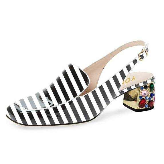 YDN Women's Colorful Rhinestone Block Low Heels Pumps Square Toe Loafer Shoes for Office Ladies Work Party Daily Size 11 Black Stripe