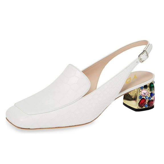YDN Women's Colorful Rhinestone Block Low Heels Pumps Square Toe Loafer Shoes for Office Ladies Work Party Daily Size 16 White