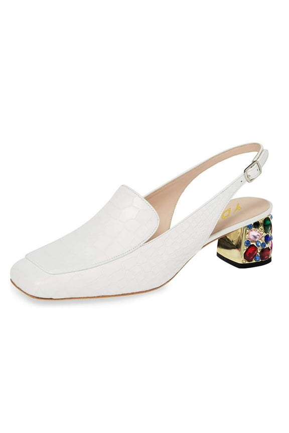 Women's Colorful Rhinestone Block Low Heels Pumps Square Toe Loafer Shoes for Office Ladies Work Party Daily Size 6.5 White