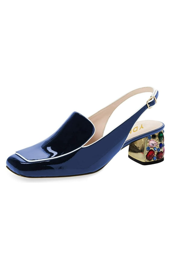 Women's Colorful Rhinestone Block Low Heels Pumps Square Toe Loafer Shoes for Office Ladies Work Party Daily Size 7 Navy