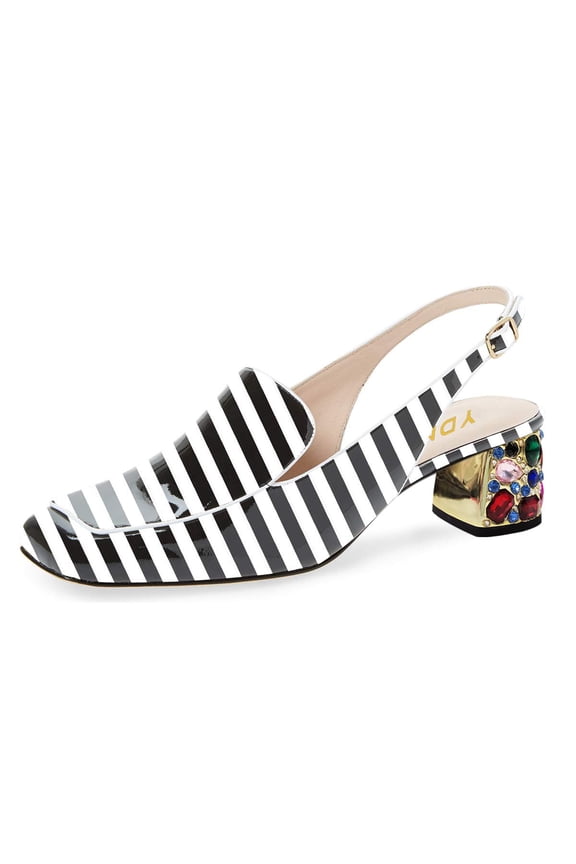 Women's Colorful Rhinestone Block Low Heels Pumps Square Toe Loafer Shoes for Office Ladies Work Party Daily Size 8.5 Black Stripe