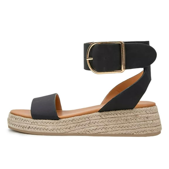 YDN Women's Espadrilles Wedge Sandals Platform Ankle Strap Buckle Low Heels Open Toe Pumps Summer Holiday Dress Shoes Size 7 Black
