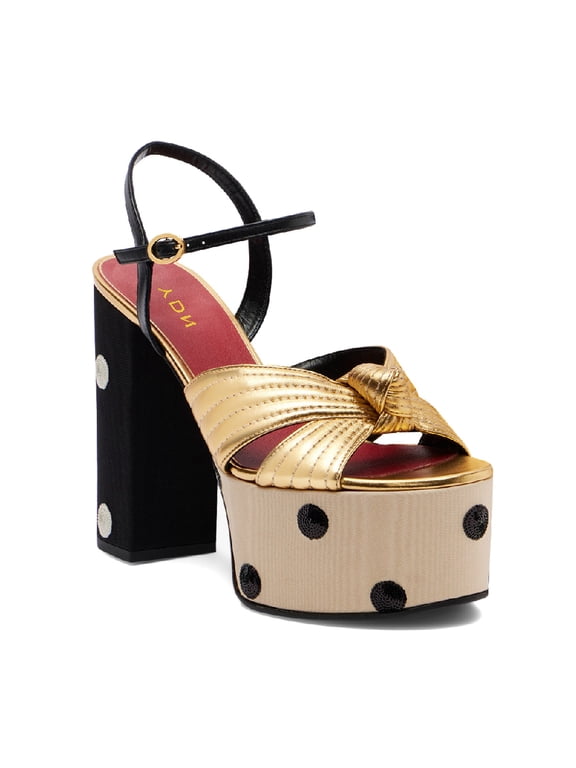 Women's Knot Style Platform Sandals Chunky Block High Heels with Buckled Ankle Strap Polka Dots Thick Heel Party Casual Shoes Size 9.5 Gold