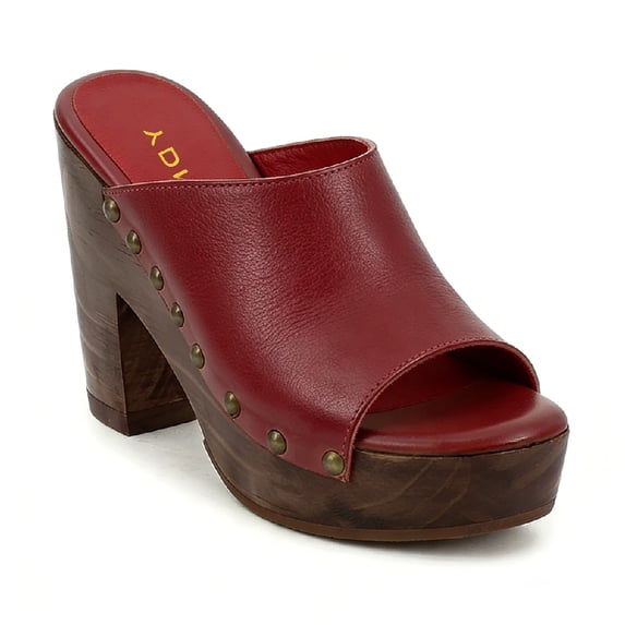 YDN Women's Open Round Toe Platform Mules Slides Chunky Block High Heels with Rivet Studded Slip On Comfy Sandals Dressy Casual Party Shoes Size 4 Red