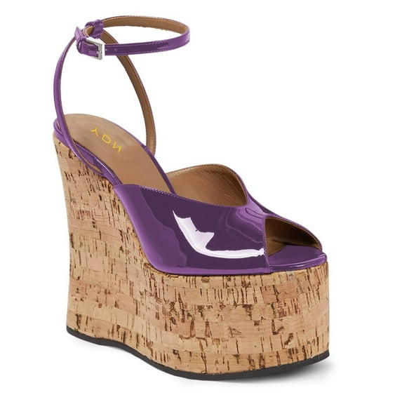 YDN Women's Peep Toe Wedge High Heels Buckled Ankle Strap Sandals Platform Cork Heel Shoes Themed Party Evening Size 13 Purple