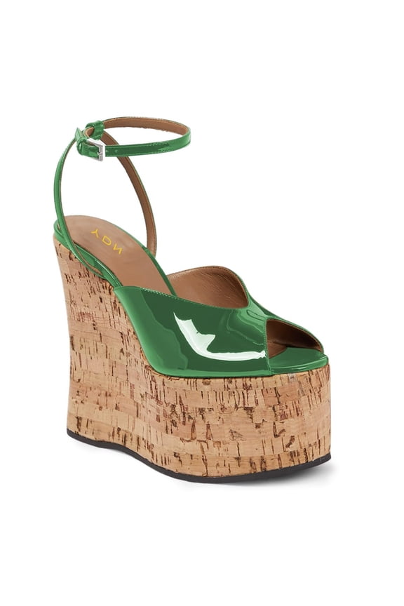 Women's Peep Toe Wedge High Heels Buckled Ankle Strap Sandals Platform Cork Heel Shoes Themed Party Evening Size 7.5 Green