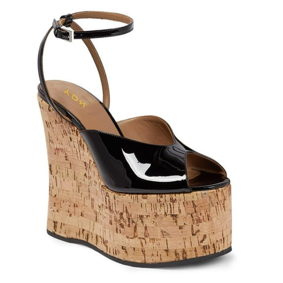 YDN Women's Peep Toe Wedge High Heels Buckled Ankle Strap Sandals Platform Cork Heel Shoes Themed Party Evening Size 7 Black