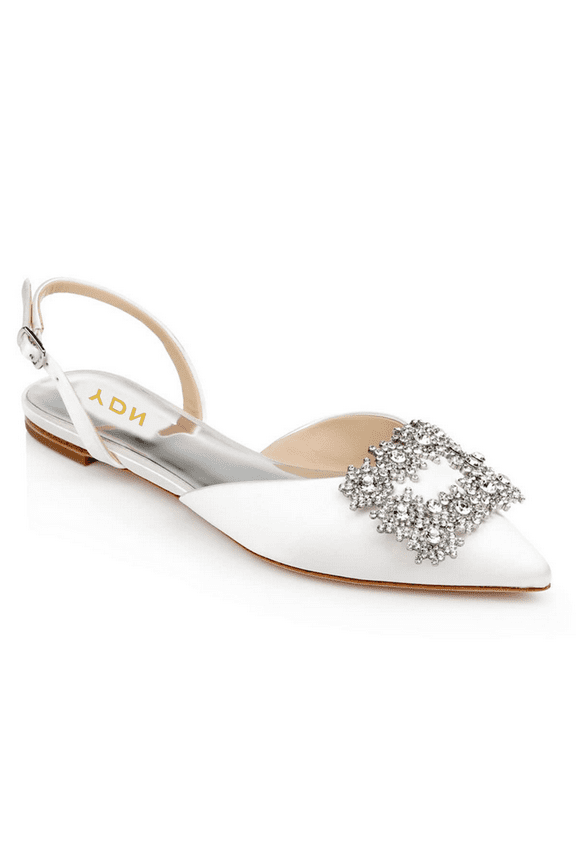 Women's Pointed Toe Crystals Studded Flats Buckle Slingback Strap Low Heel Sandals Comfy Party Formal Dress Shoes Size 12 White