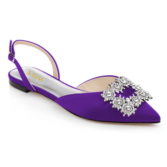 YDN Women's Pointed Toe Crystals Studded Flats Buckle Slingback Strap Low Heel Sandals Comfy Party Formal Dress Shoes Size 9 Purple