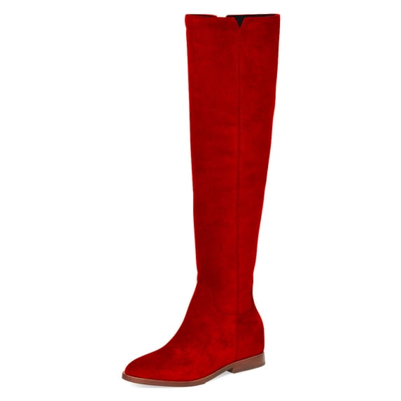 YDN Women's Round Closed Toe Flats Knee High Boots Low Heel V Cut Side Zipper Riding Boots Casual Party Shoes Size 6.5 Red