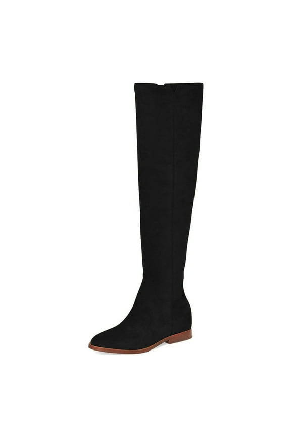 Women's Round Closed Toe Flats Knee High Boots Low Heel V Cut Side Zipper Riding Boots Casual Party Shoes Size 7 Black