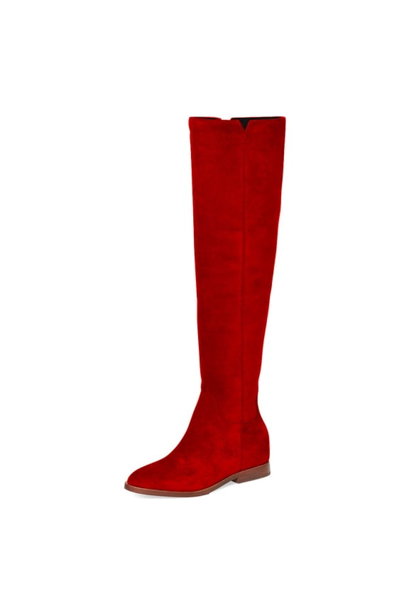 Women's Round Closed Toe Flats Knee High Boots Low Heel V Cut Side Zipper Riding Boots Casual Party Shoes Size 9 Red