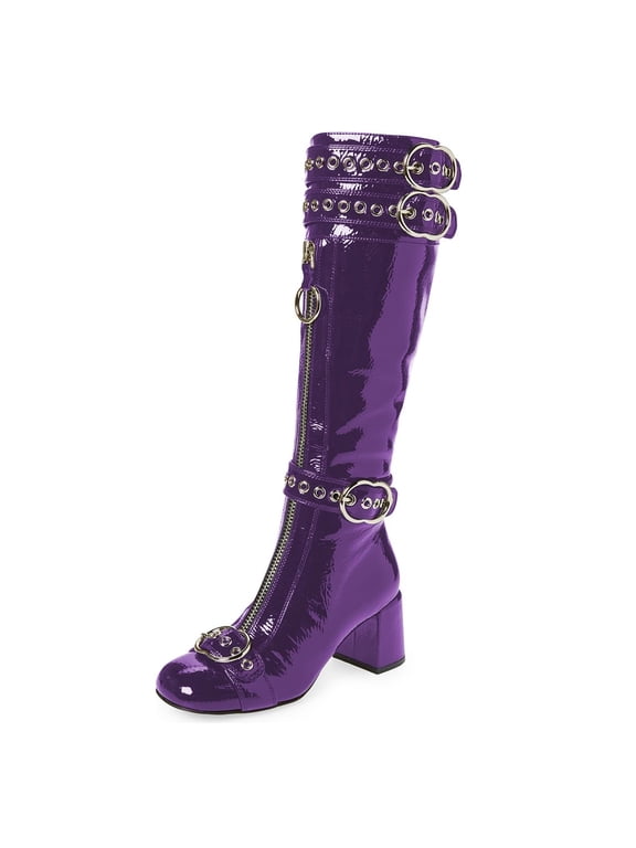 Women's Round Toe Knee High Boots Strappy Buckle Chunky Mid Heel Zippers Long Booties Daily Club Dress Shoes Size 6 Purple