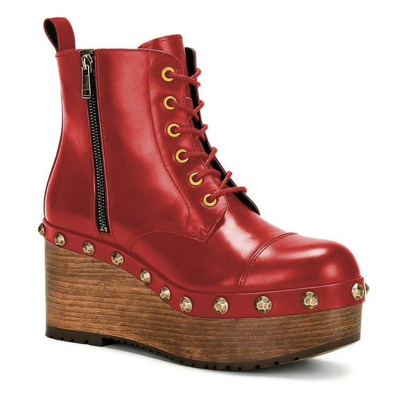 YDN Women's Round Toe Side Zip Ankle Boots Studded Wedge Mid Heels Lace Up Platform Booties Work Daily Event Shoes Size 9.5 Red