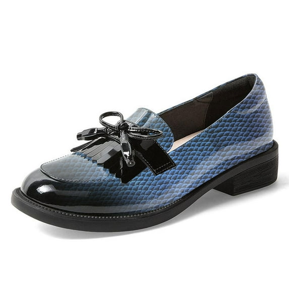 YDN Women's Round Toe Tassels Penny Loafers Bows Slip On Low Block Heel Pumps Vintage Dress Party Shoes Size 6.5 Black Blue