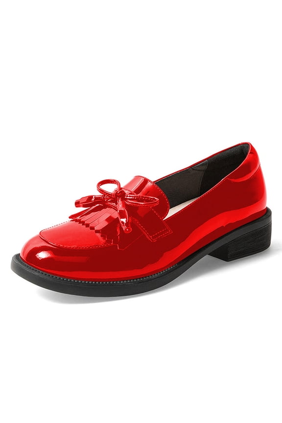 Women's Round Toe Tassels Penny Loafers Bows Slip On Low Block Heel Pumps Vintage Dress Party Shoes Size 8.5 Red