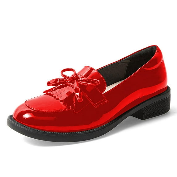 YDN Women's Round Toe Tassels Penny Loafers Bows Slip On Low Block Heel Pumps Vintage Dress Party Shoes Size 9.5 Red