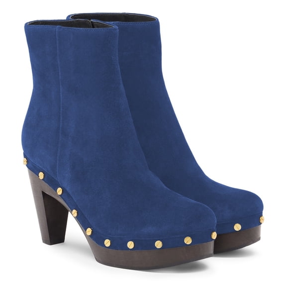 YDN Women's Rounded Toe Side Zippers Ankle Boots Platform Block High Heels Studded Booties Work Daily Party Shoes Size 4 Blue