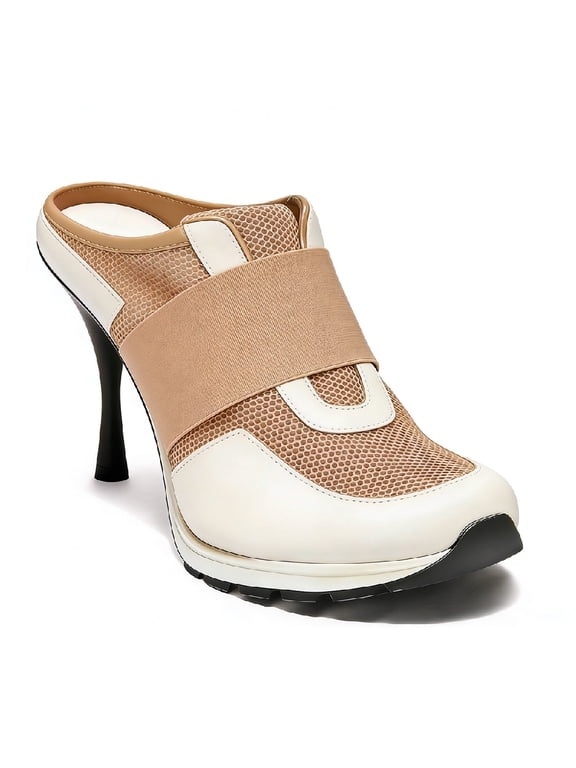 Women's Slip On Sneaker Mules Stiletto High Heels with Beathable Mesh Stylish Fashion Daily Casual Party Outfit Pumps Shoes Size 5 White & Beige