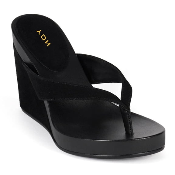 YDN Women's Split Toe Flip Flops Slip on Platform Wedge High Heels Slides Sandals Fashion Party Summer Shoes Size 9.5 Black