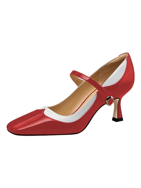 Women's Square Close Toe Mary Janes Kitten Low Heels Ankle Strap Slip On Pumps Chic Daily School Party Shoes Size 4 Red