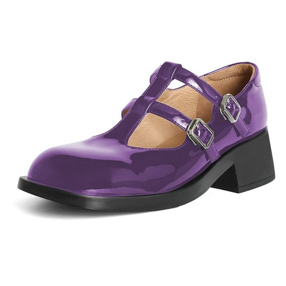 YDN Women's Square Closed Toe T-Straps Mary Janes Chunky Low Heel Strappy Buckle Pumps Cute Dressy Shoes Size 13 Purple