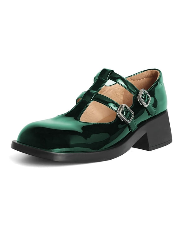 Women's Square Closed Toe T-Straps Mary Janes Chunky Low Heel Strappy Buckle Pumps Cute Dressy Shoes Size 16 Green