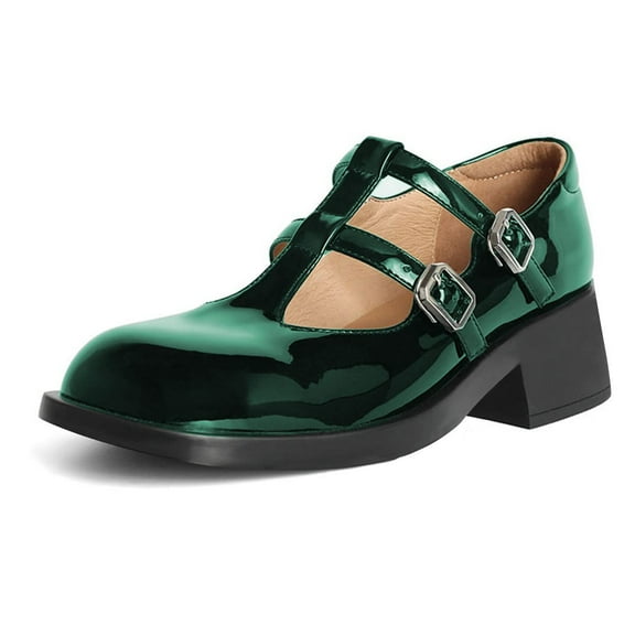 YDN Women's Square Closed Toe T-Straps Mary Janes Chunky Low Heel Strappy Buckle Pumps Cute Dressy Shoes Size 8 Green