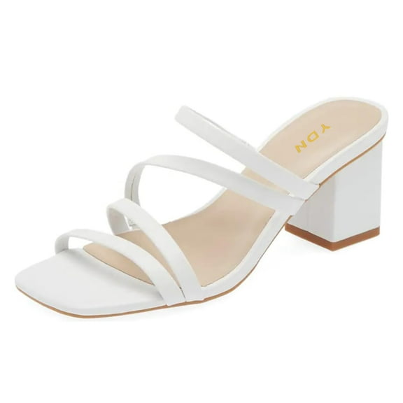YDN Women's Strappy Square Open Toe Slide Sandals Slip On Block Mid Heels Mules Slippers Daily Dressy Party Shoes Size 12 White